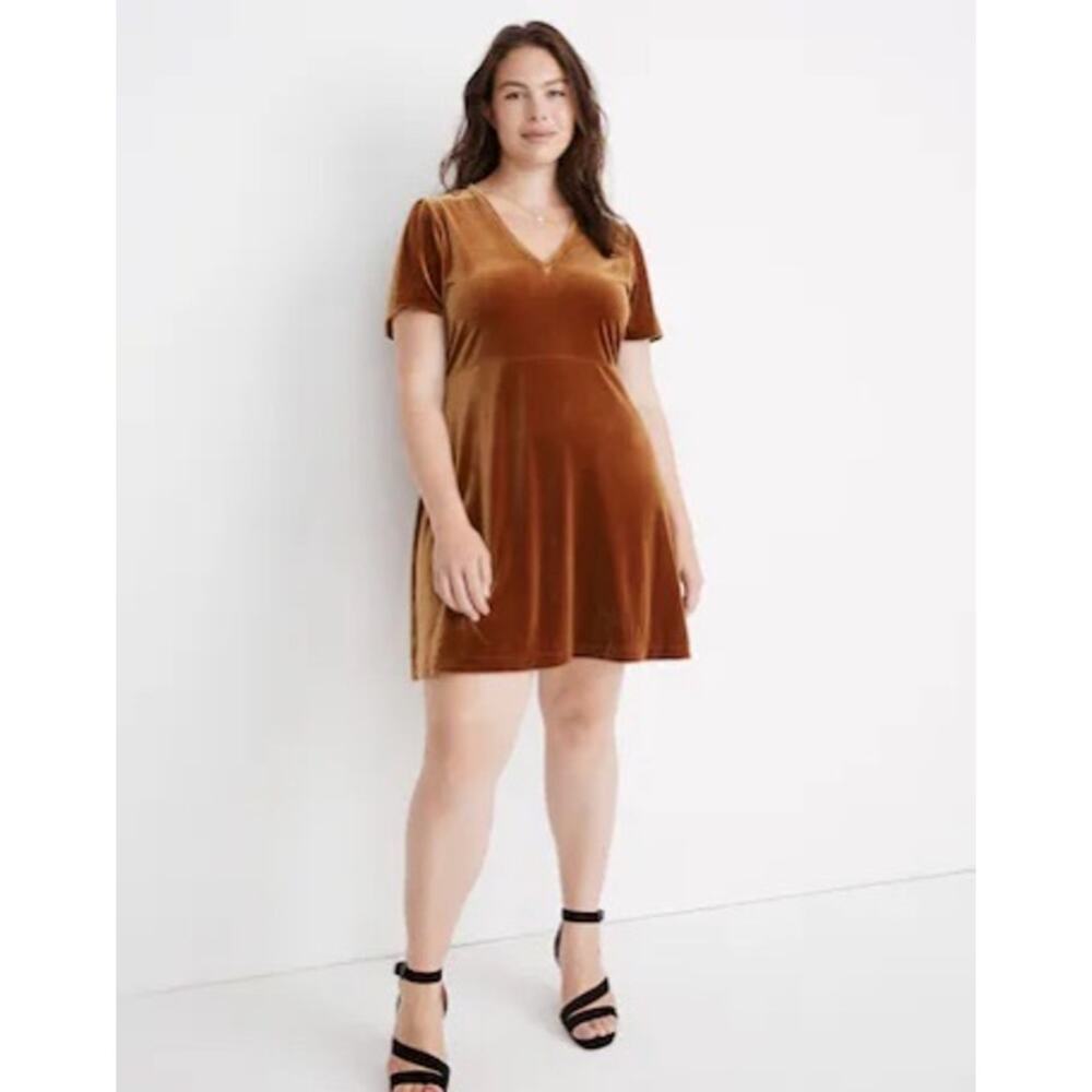 Madewell Velvet V-Neck Flutter-Sleeve Dress Large Copper Brown Short Stretch